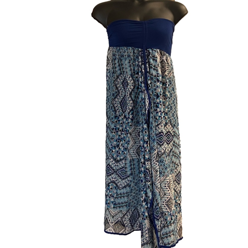 Raviya strapless maxi dress Size M blue blk white purple triangle pattern flowy